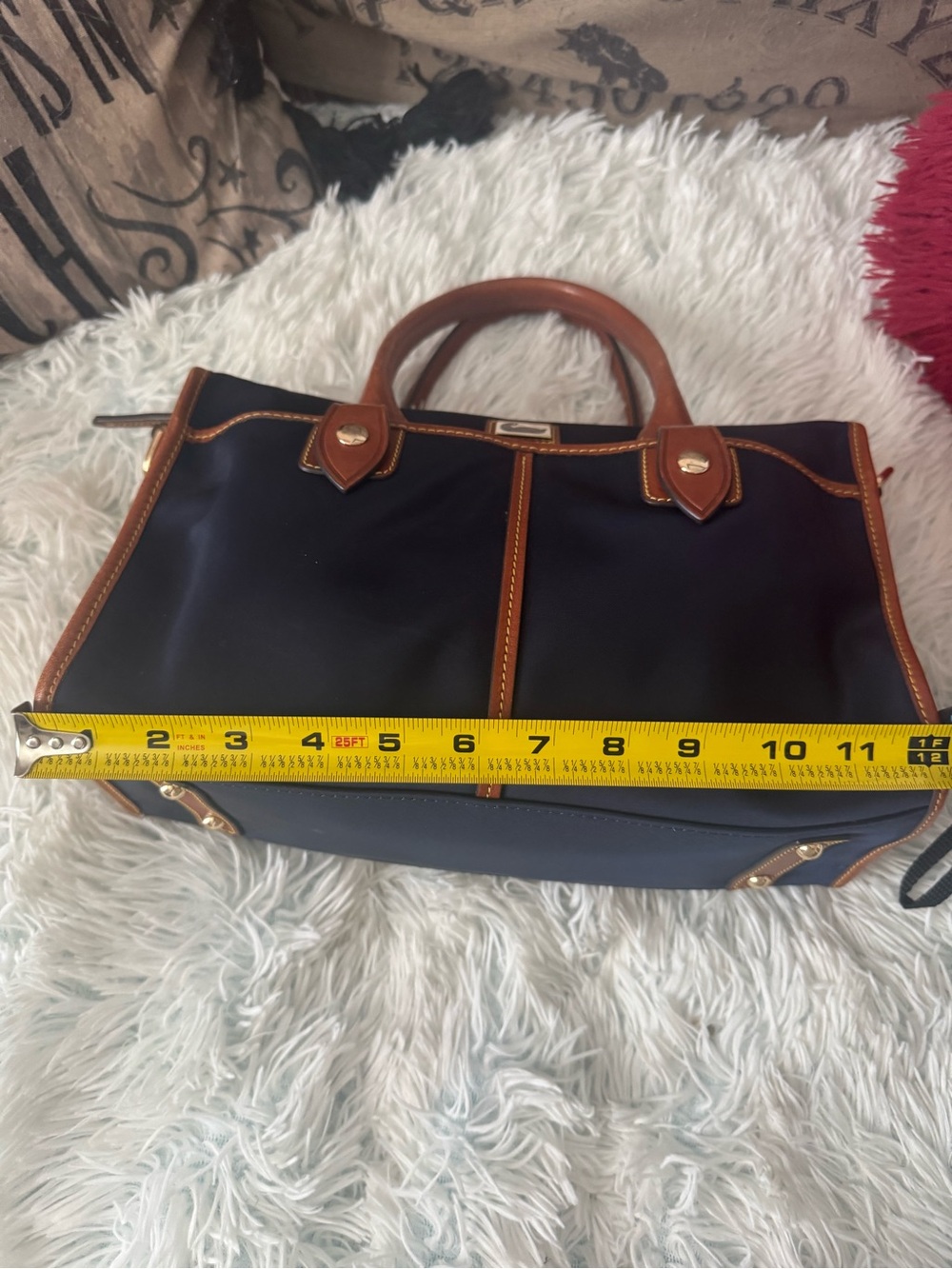 Dooney & Bourke Navy and Brown Leather Satchel with Shoulder Strap - Picture 8 of 10